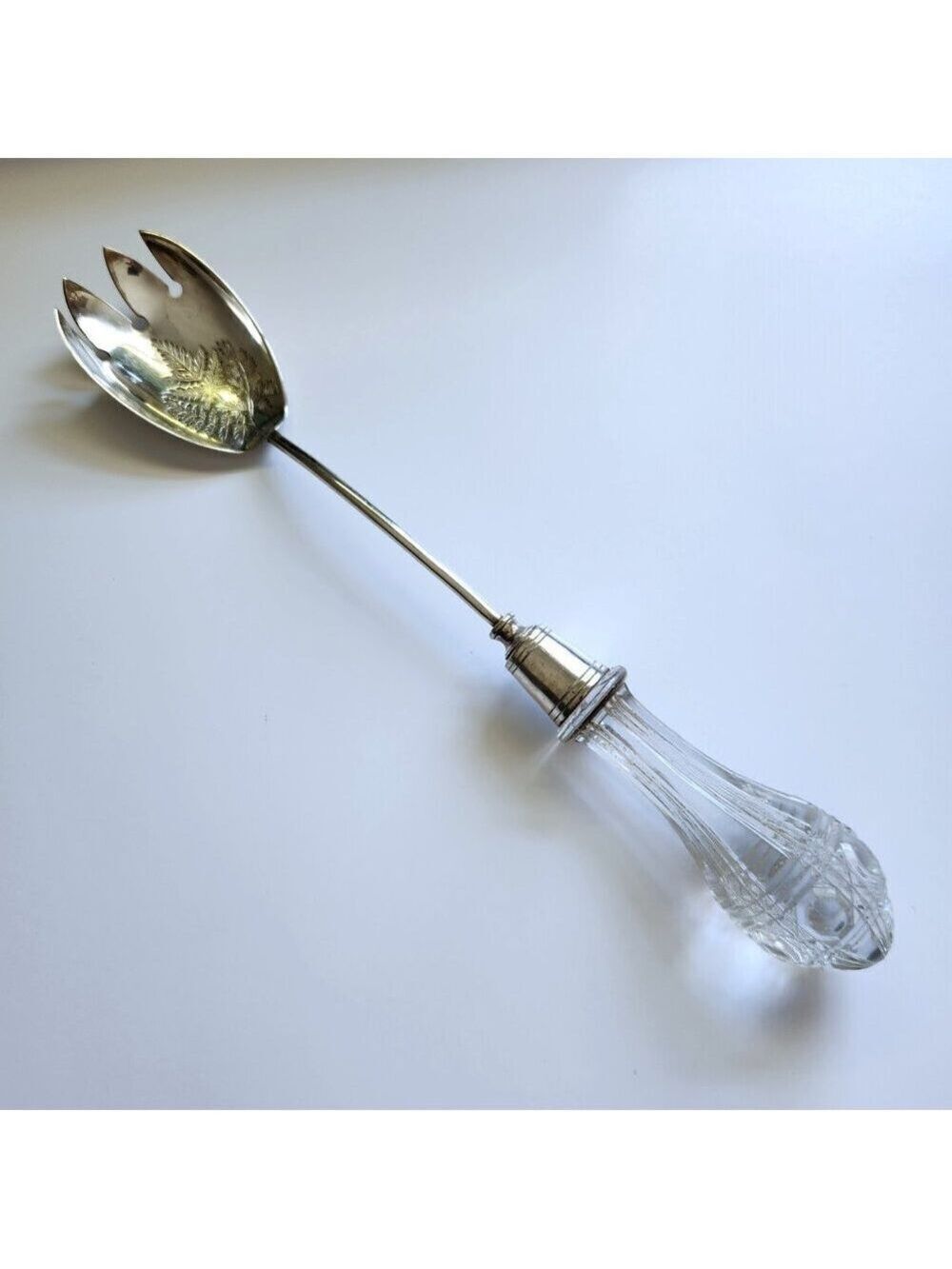 Vintage Serving Fork Cut Crystal Handle Silver Plated Etched Leaves 10 3/4"